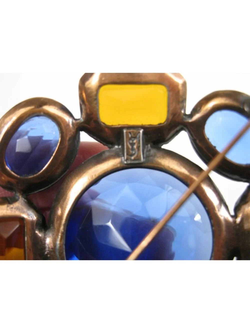 Yves Saint Laurent Vintage Statement Brooch Blue Glass Faceted Copper Tone READ
